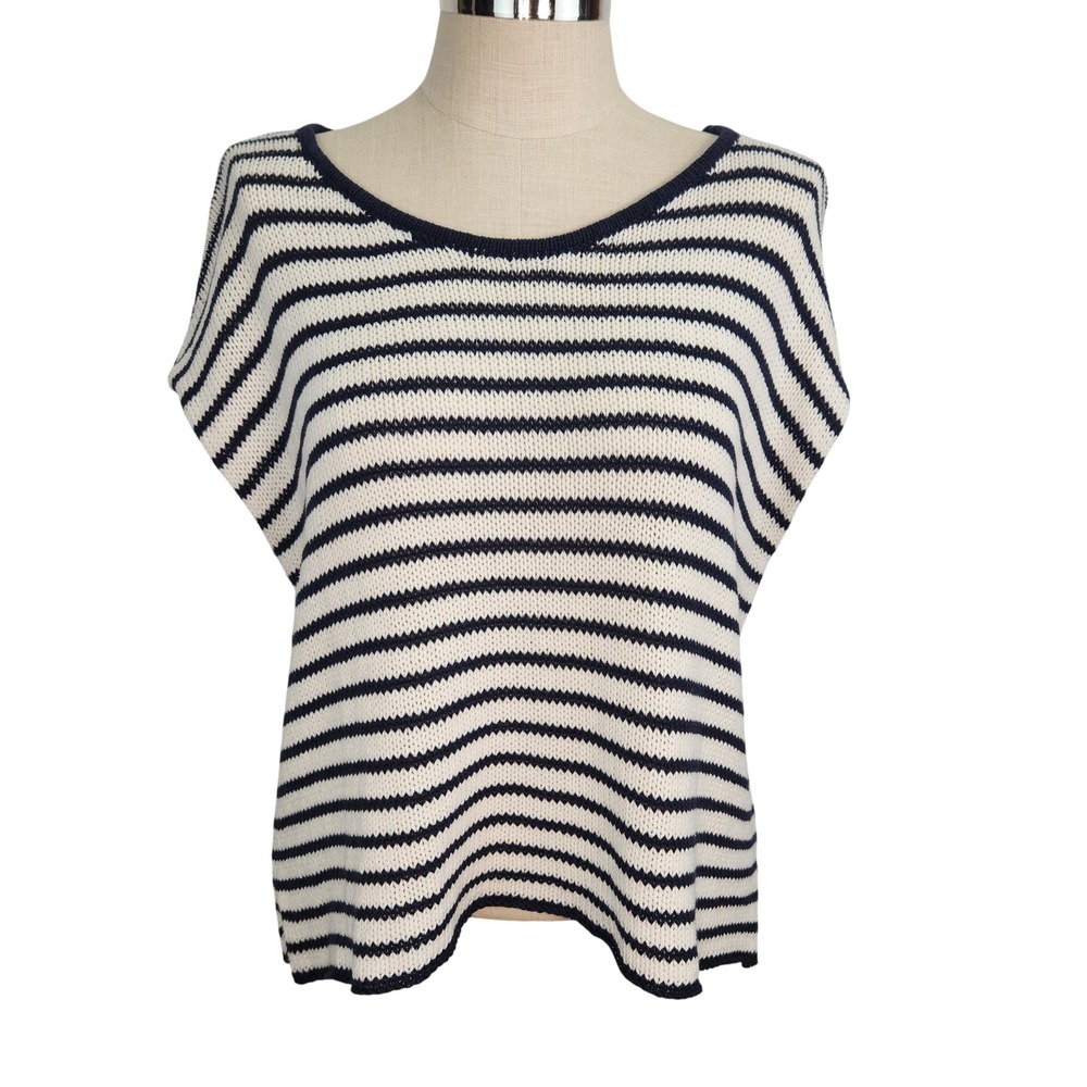 Wooden Ships Striped Boxy Cap Sleeve Sweater Navy White M/L *Small Flaw